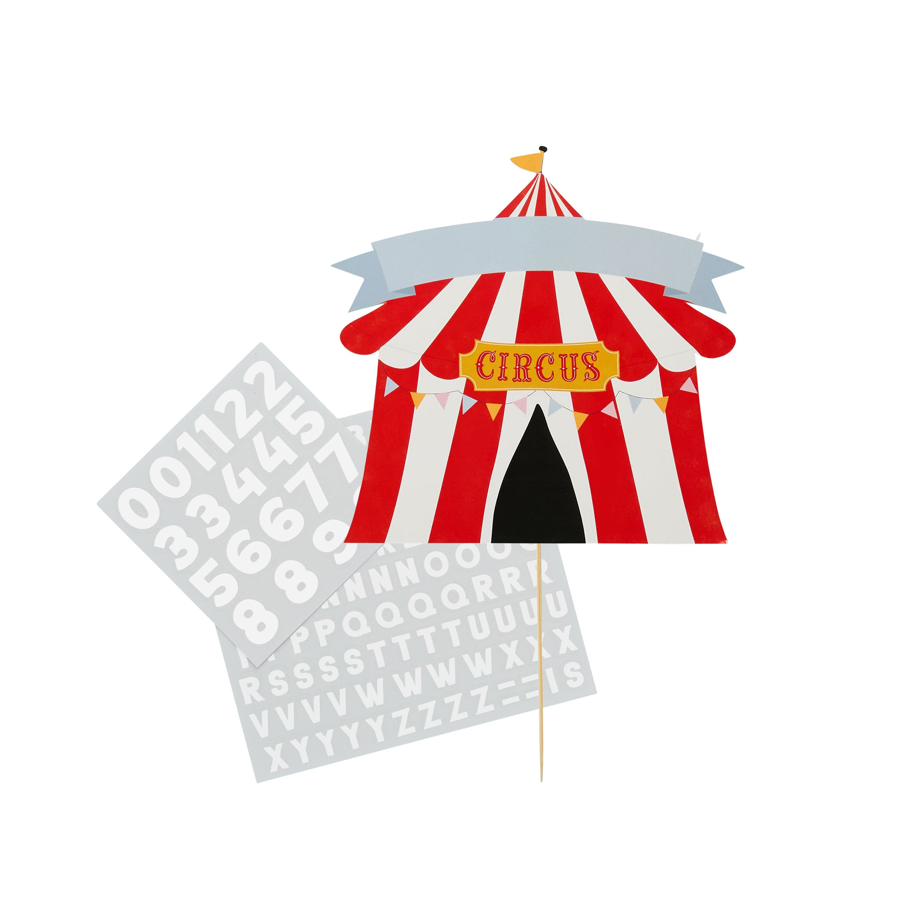  A customizable cake topper featuring a circus tent design, perfect for topping a themed birthday cake.