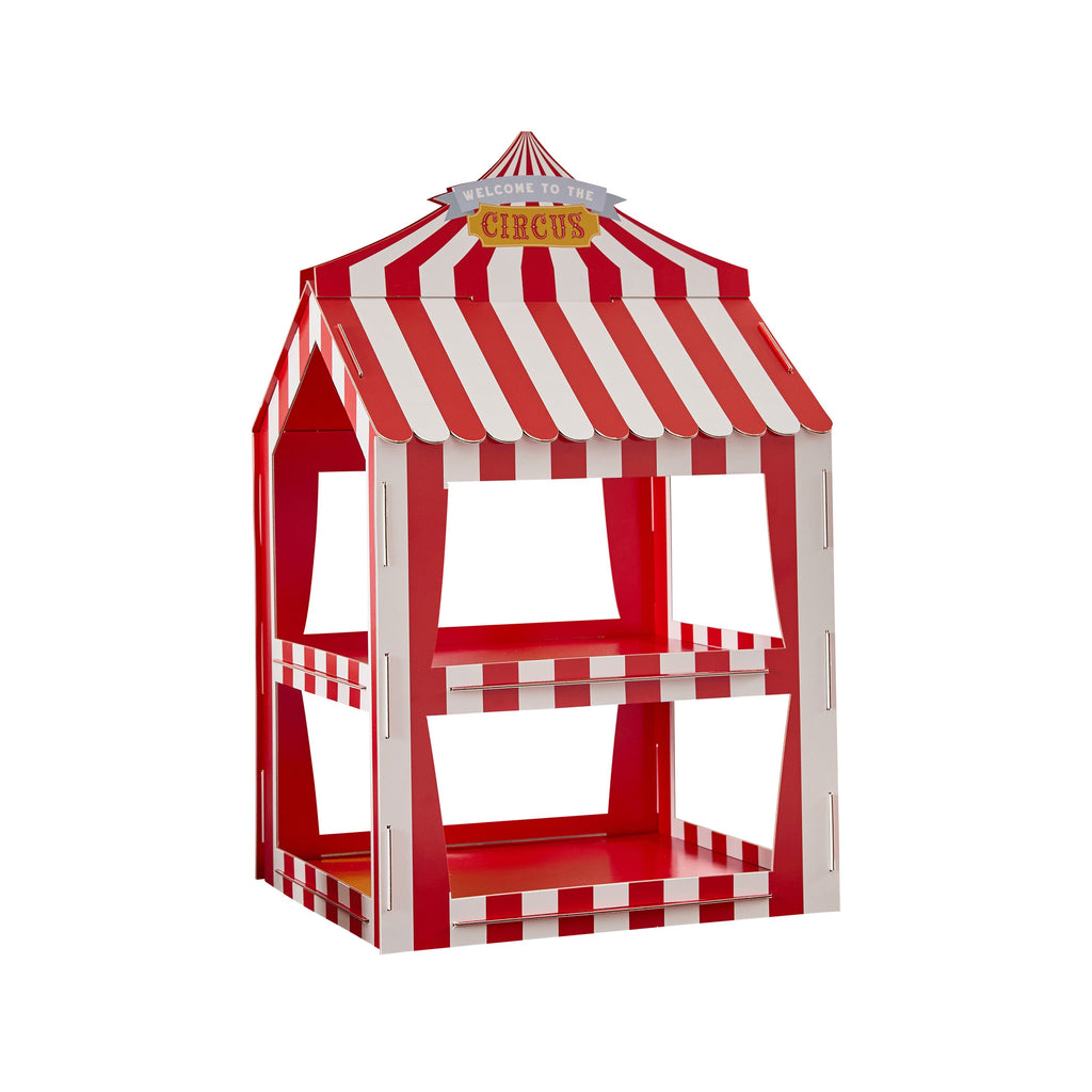 A 3D tent-style snack holder designed with a colorful circus theme, ideal for party snacks.