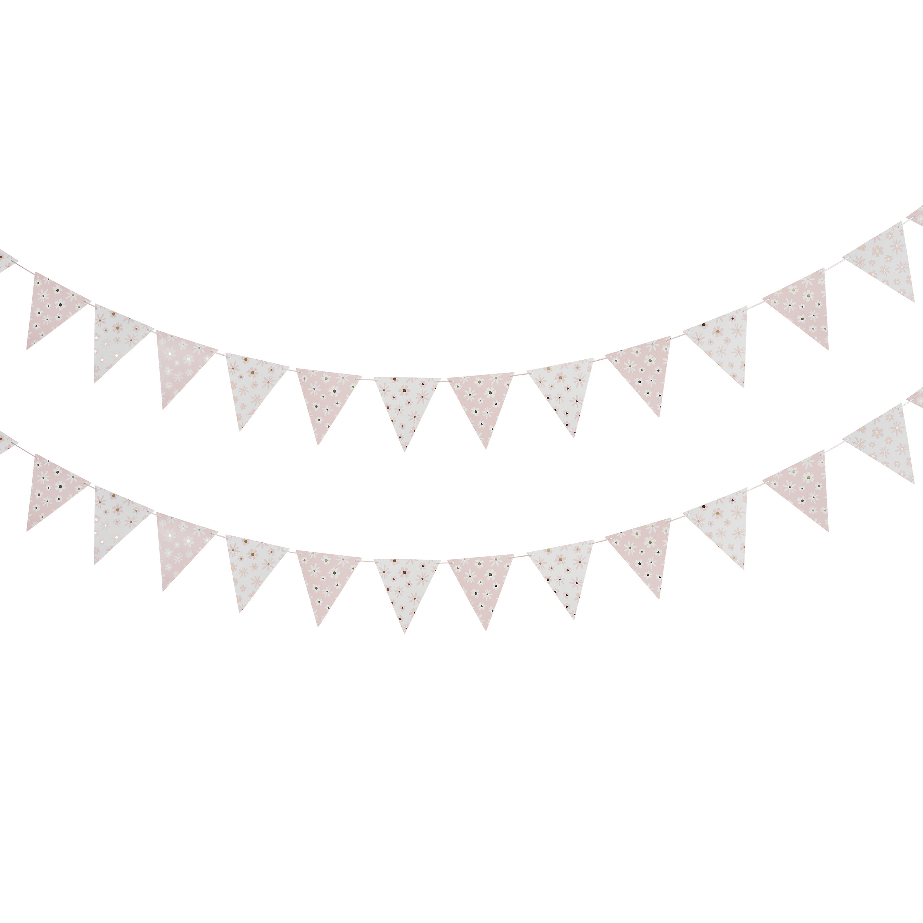 Daisy Days bunting with white and pink daisy pattern triangle flags for party decoration