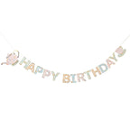 A birthday banner featuring garden tea party motifs such as teacups, flowers, and cakes.