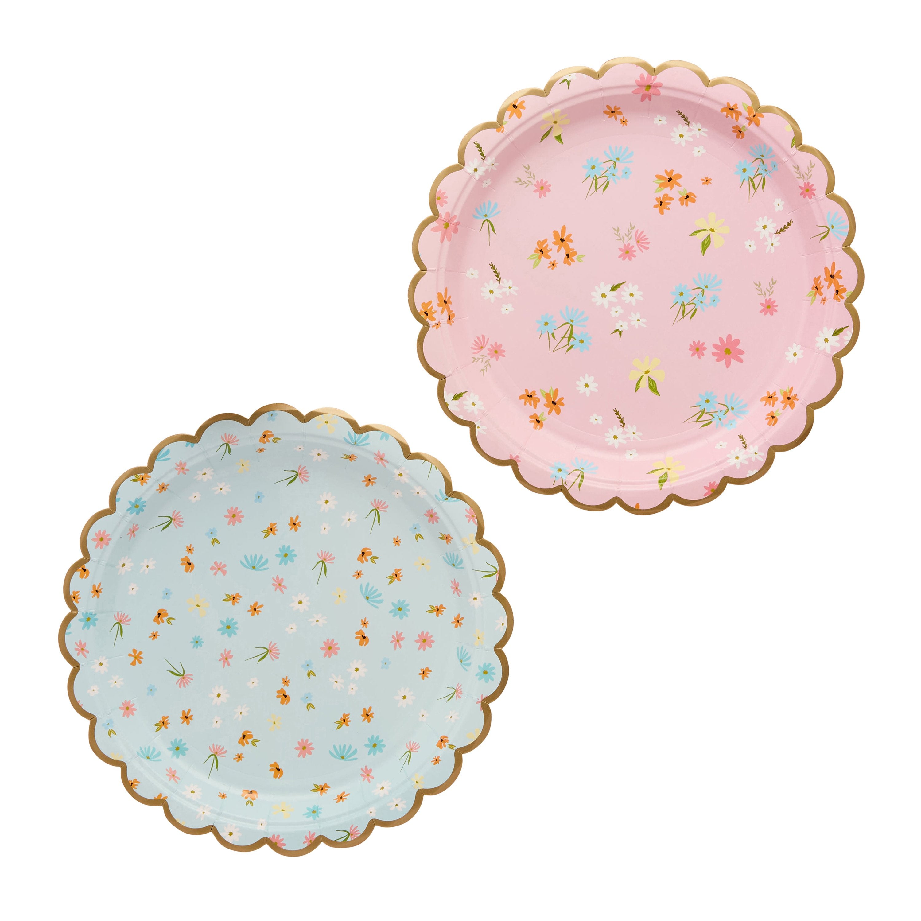 A set of 8 scalloped-edge plates with a floral garden design, perfect for serving food at a tea party.