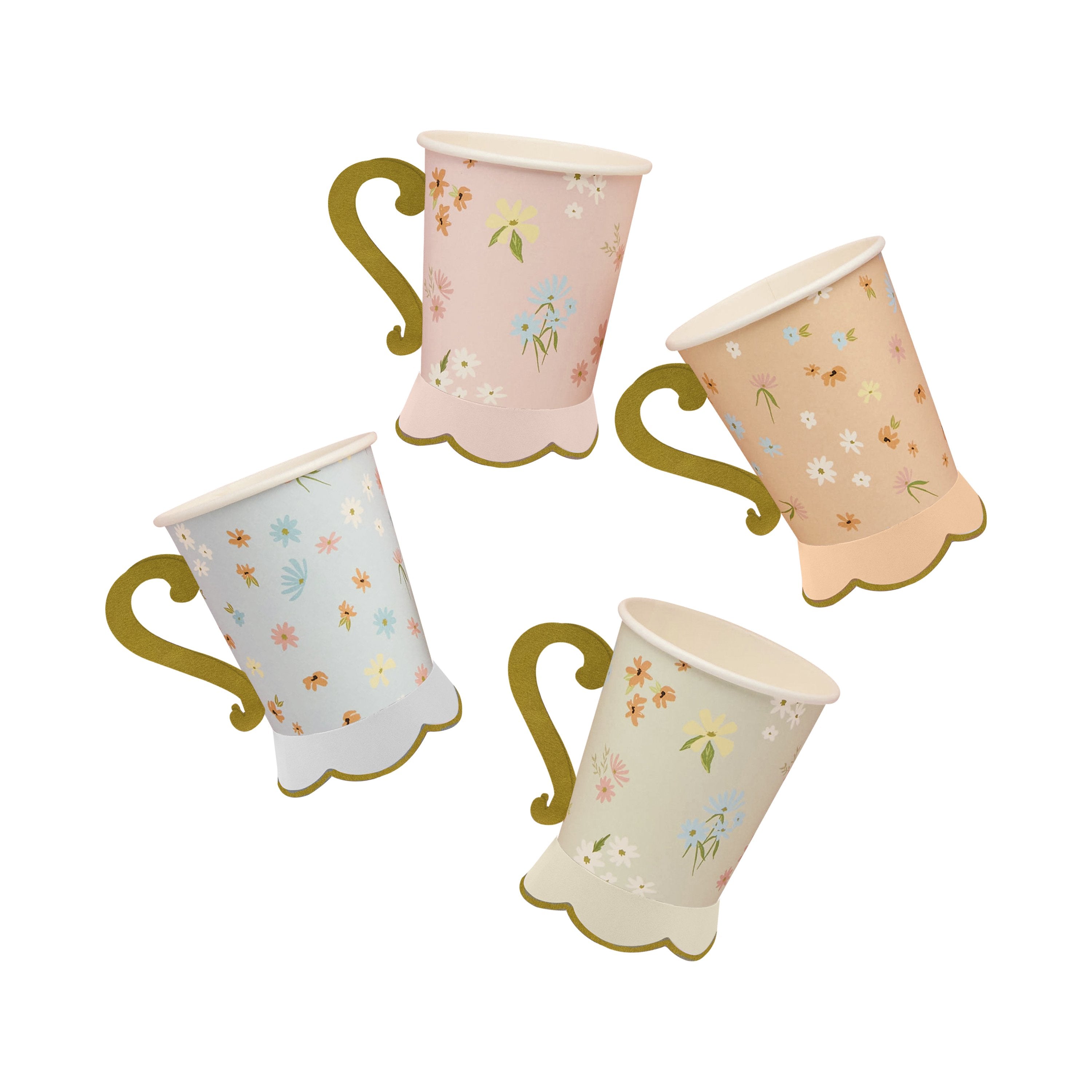 A set of 8 teacup-shaped cups, perfect for serving beverages at a garden tea party.