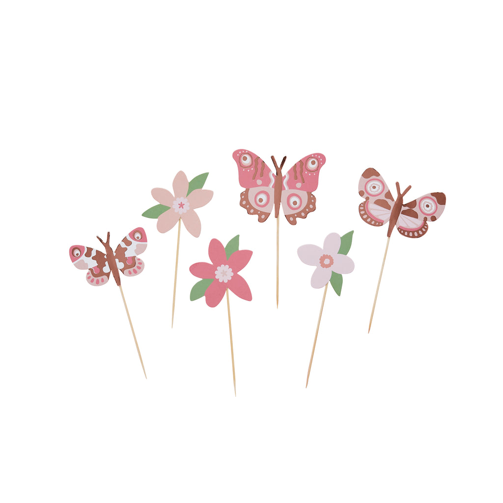 A set of 12 butterfly-shaped cake toppers, perfect for adding a whimsical touch to any fairytale-themed cake.