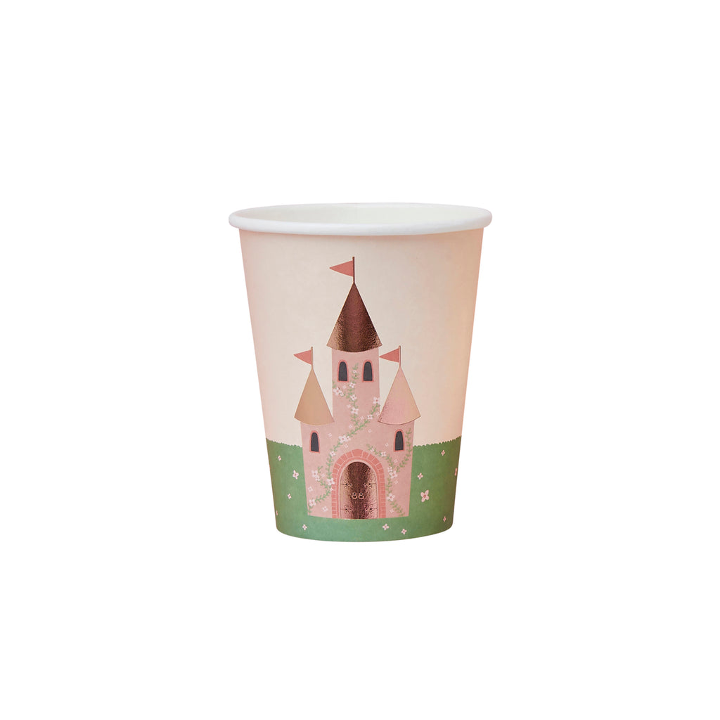 A set of 8 paper cups with a whimsical fairytale castle design, ideal for serving drinks at a themed party.