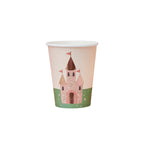 A set of 8 paper cups with a whimsical fairytale castle design, ideal for serving drinks at a themed party.