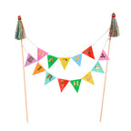 Colorful triangular banner style with 'Happy Birthday' on sticks with tassels cake topper against a white background