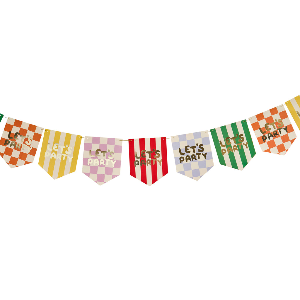 Playful Brights Let's Party card flag bunting hanging on wall