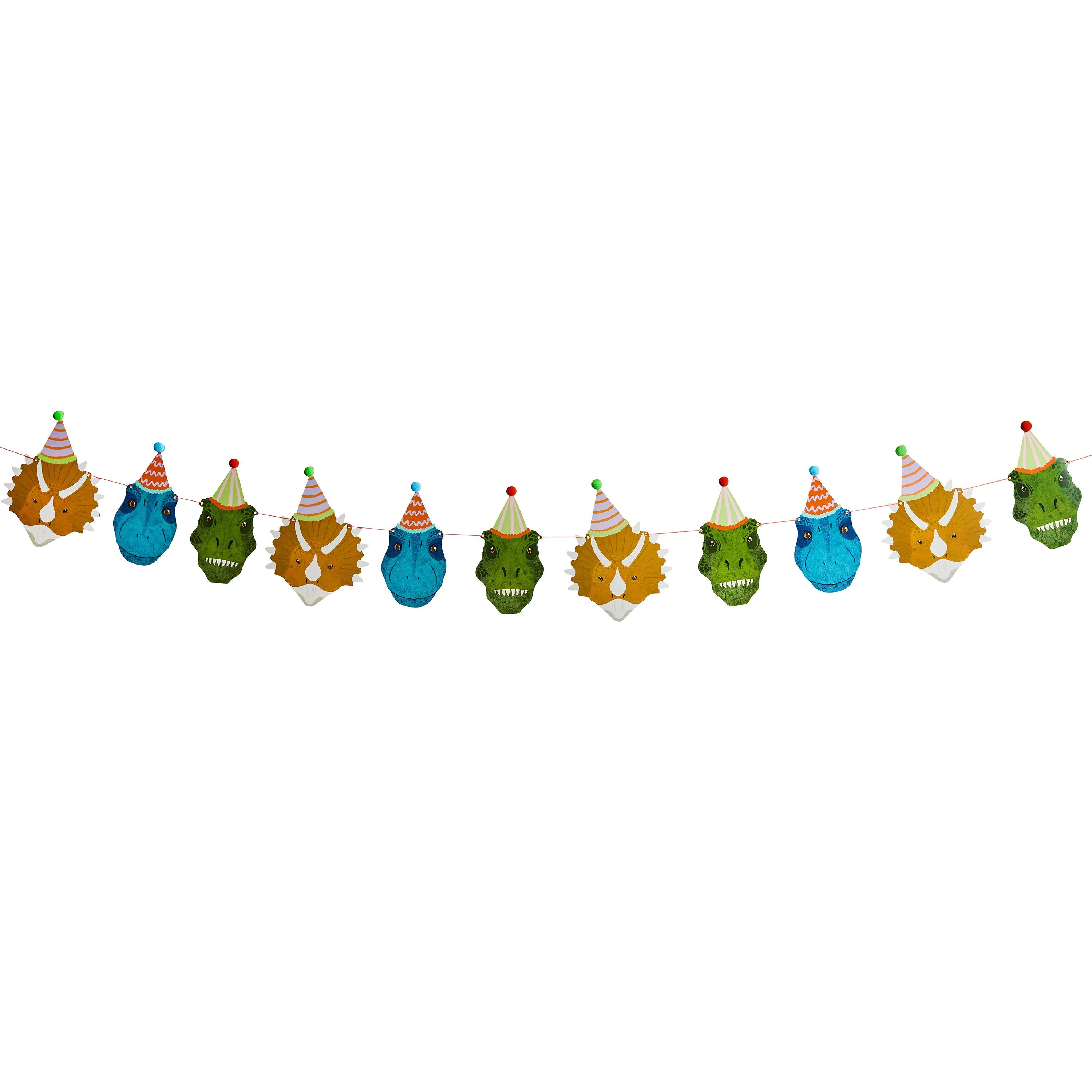 A banner featuring colorful dinosaur head cutouts, perfect for a prehistoric-themed party.