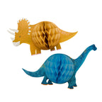 two honeycomb decorations in the shape of a dinosaur, perfect for adding flair to a dino-themed party.
