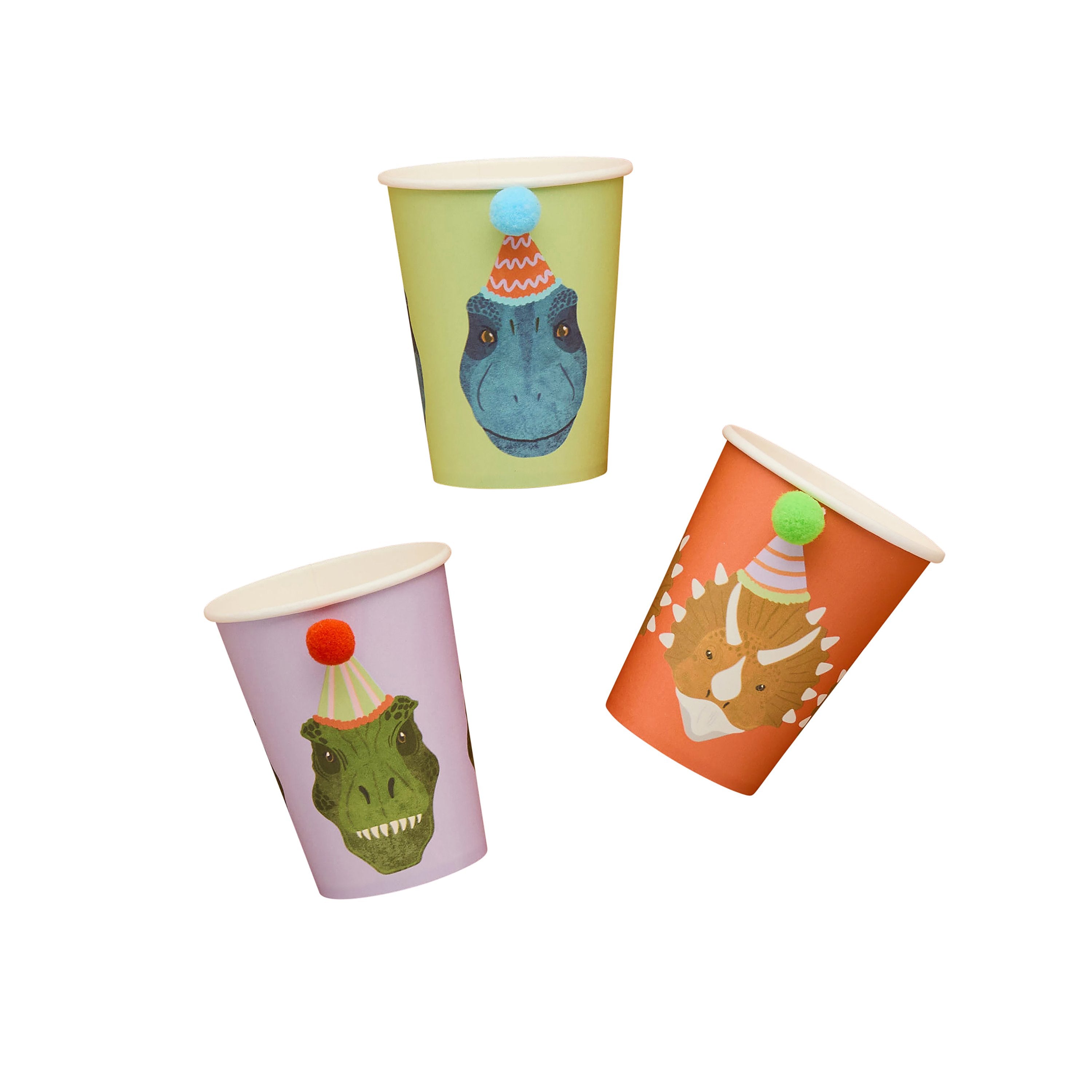 A set of 6 cups featuring playful dinosaur designs, perfect for a dinosaur-themed party.