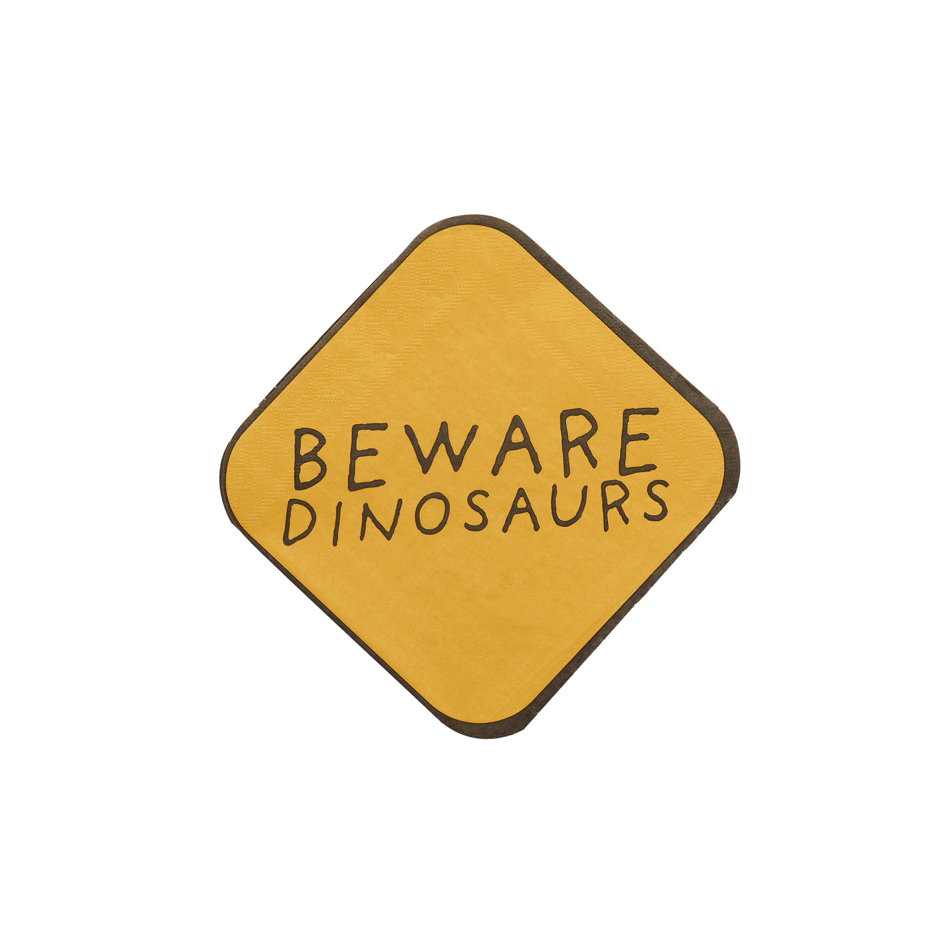 A set of 16 napkins with a "Beware" dinosaur print, perfect for a prehistoric party.