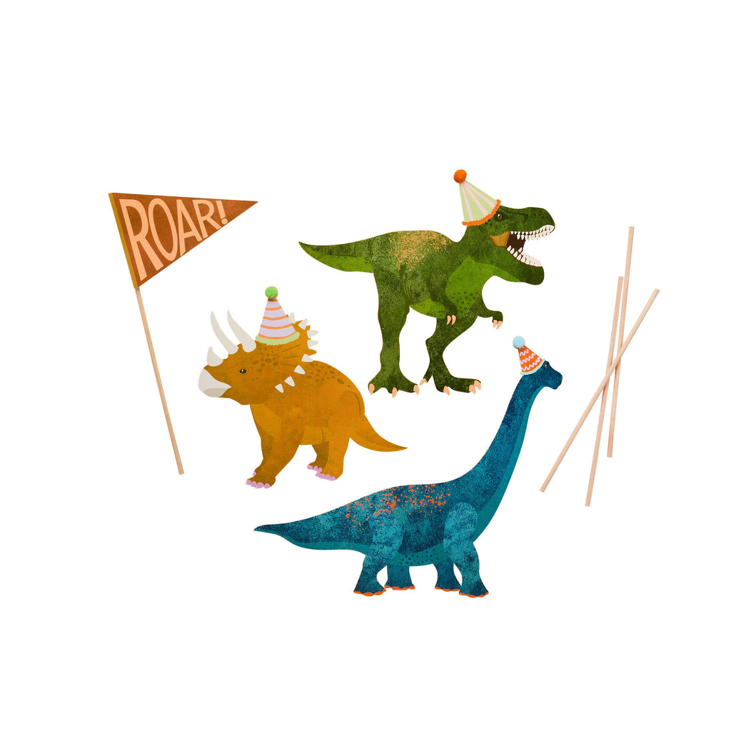  A set of 4 cake toppers with a "ROAR" theme, perfect for topping a dinosaur-themed cake.