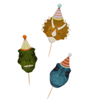 A set of 12 food picks and matching cups featuring fun dinosaur prints.