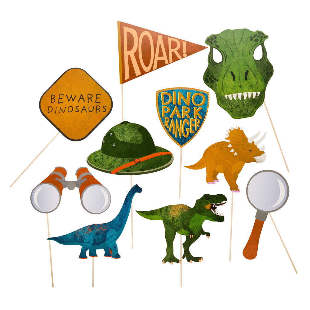 A set of 12 props, including dinosaur footprints and other prehistoric-themed items, perfect for party photo booths.