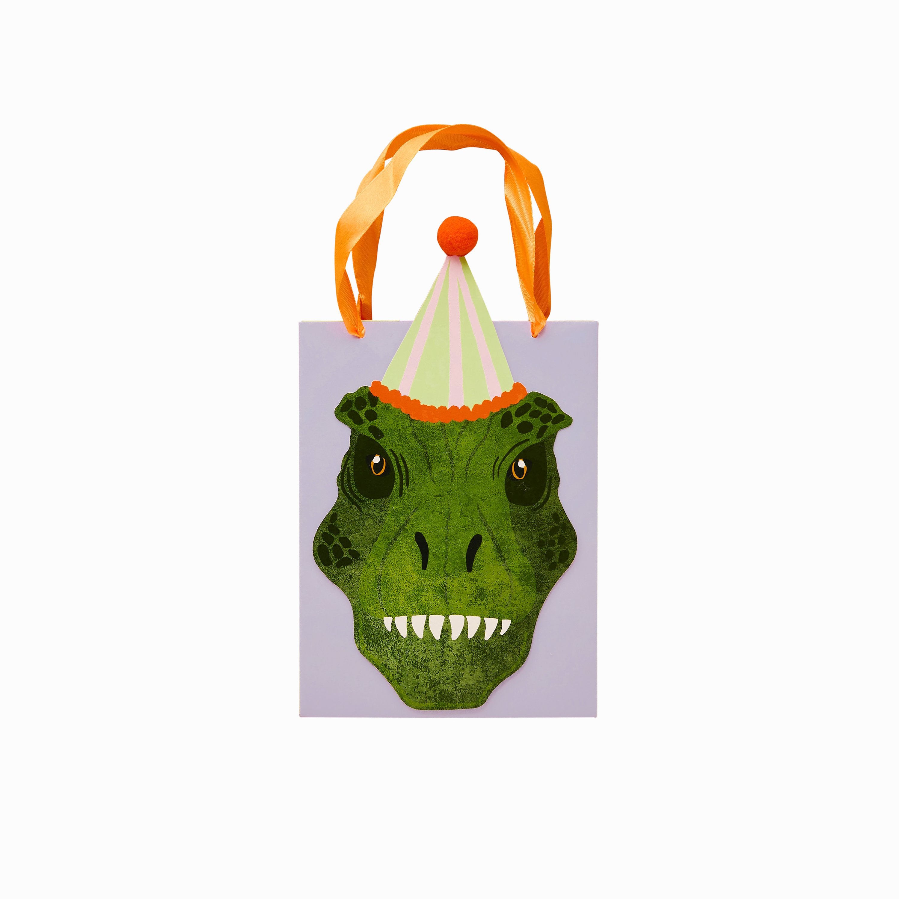 A set of 5 party favor bags with a fun dinosaur design, ideal for handing out party goodies.