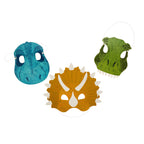 A set of 6 dinosaur-shaped masks for guests to wear at a dino-themed celebration.