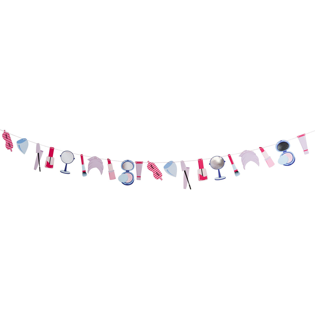 A banner with makeup-themed decorations, ideal for a pamper or beauty-themed party.