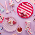 Pamper Party plates detail showing striped and checkered beauty themed designs