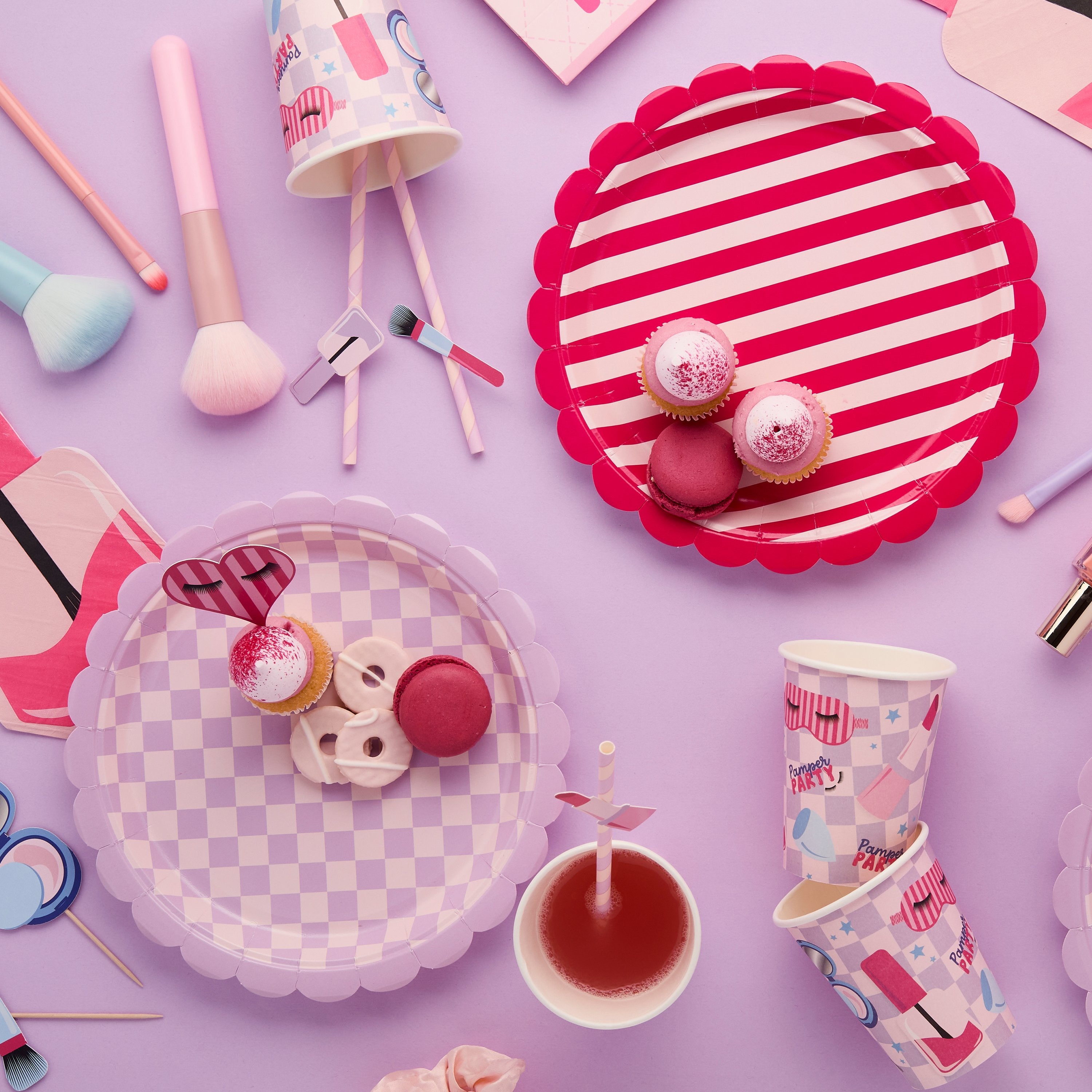Pamper Party plates detail showing striped and checkered beauty themed designs