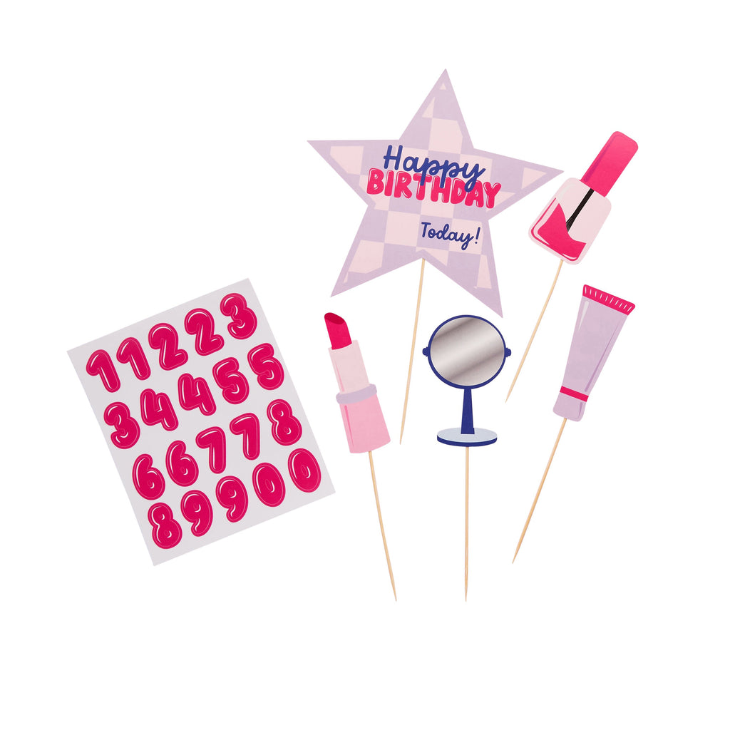 A set of 5 cake toppers with beauty-related designs such as lipstick and makeup brushes.