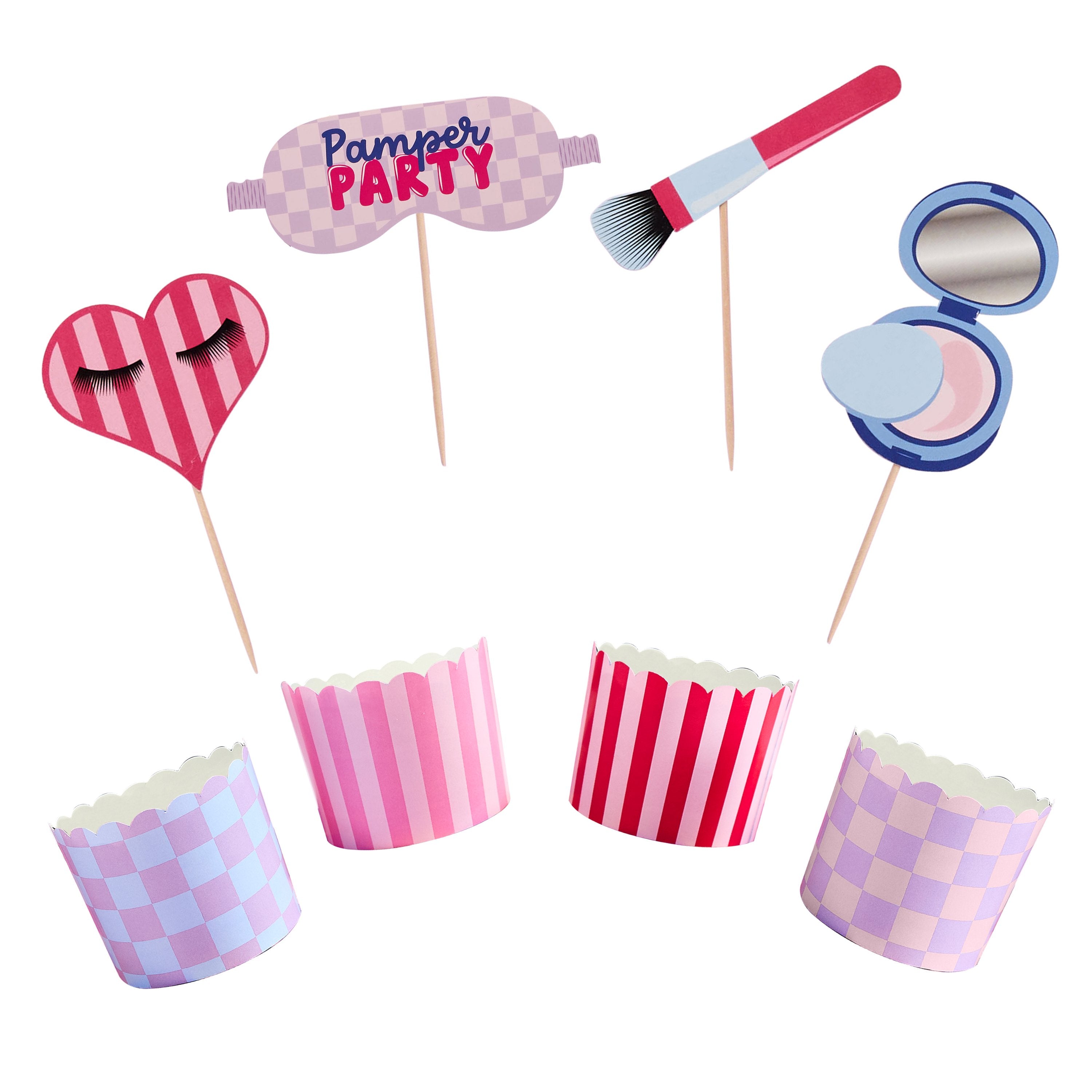 A set of 12 cupcake cups with matching toppers, designed with a pamper party theme.