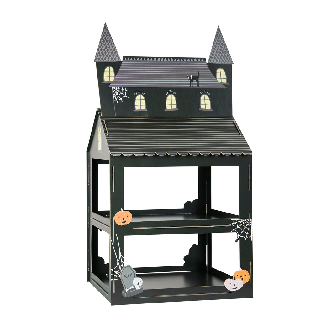 Halloween-themed haunted house with black roof, windows, and decorative elements on a white background.
