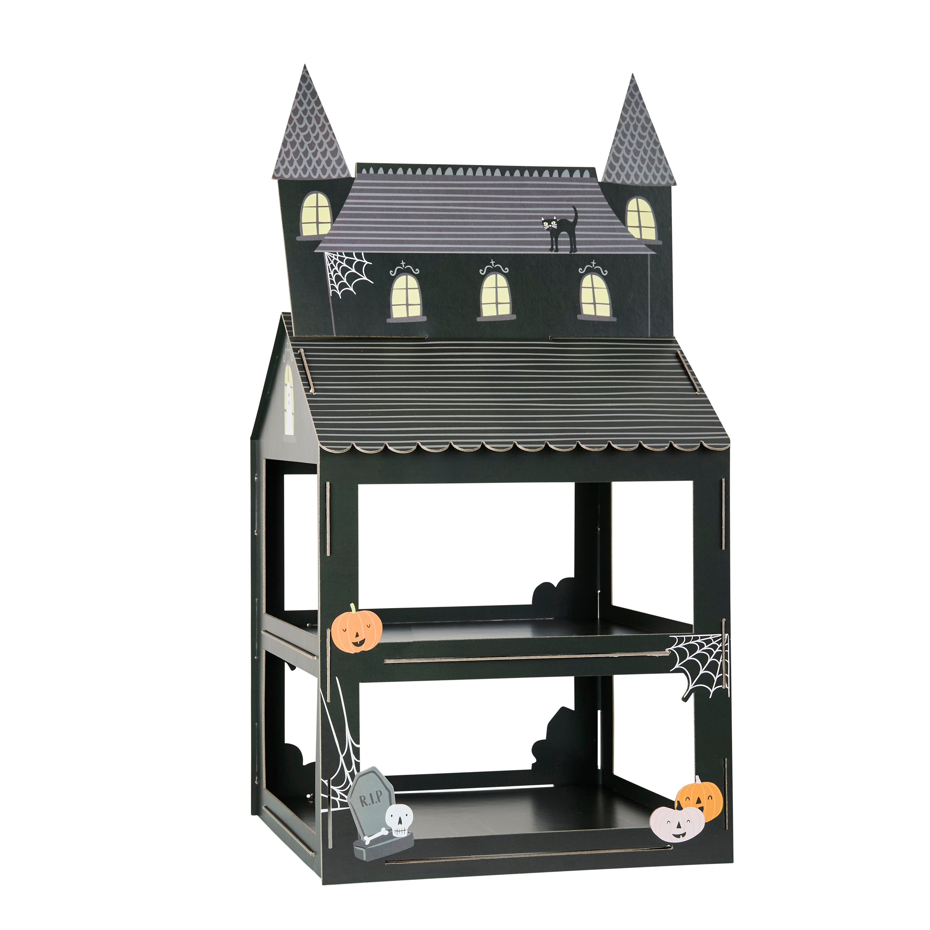 Halloween-themed haunted house with black roof, windows, and decorative elements on a white background.