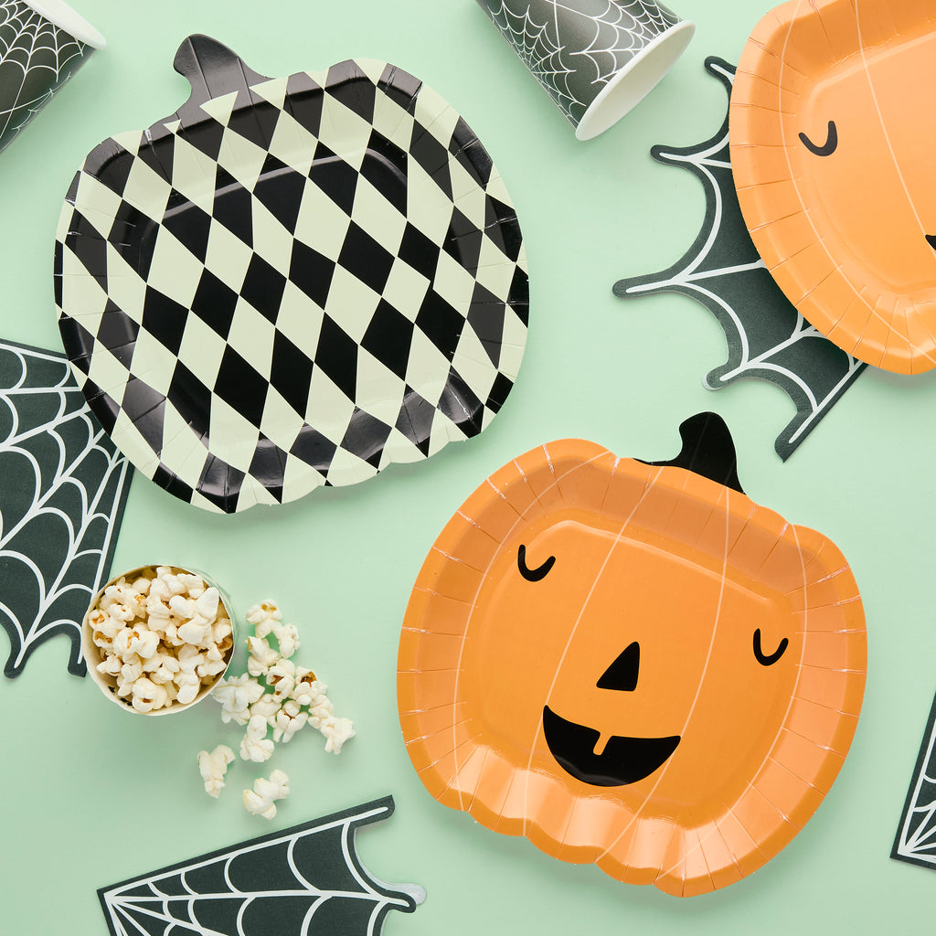 Monster Mob pumpkin shaped paper plates detail showing jack-o-lantern and checkered designs
