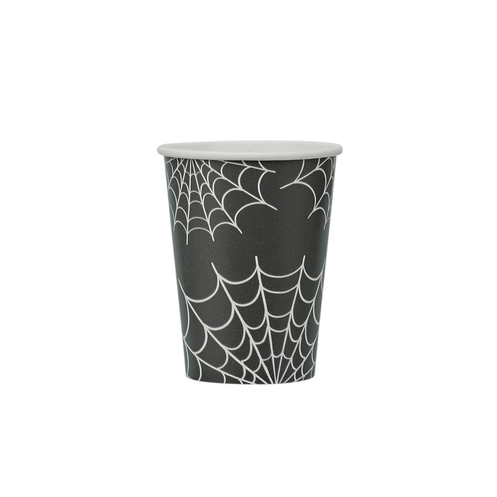Black paper cup with white spider web pattern on a white background