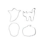 Set of four metal cookie cutters shaped like a ghost, cat, skull, and pumpkin on a white background.