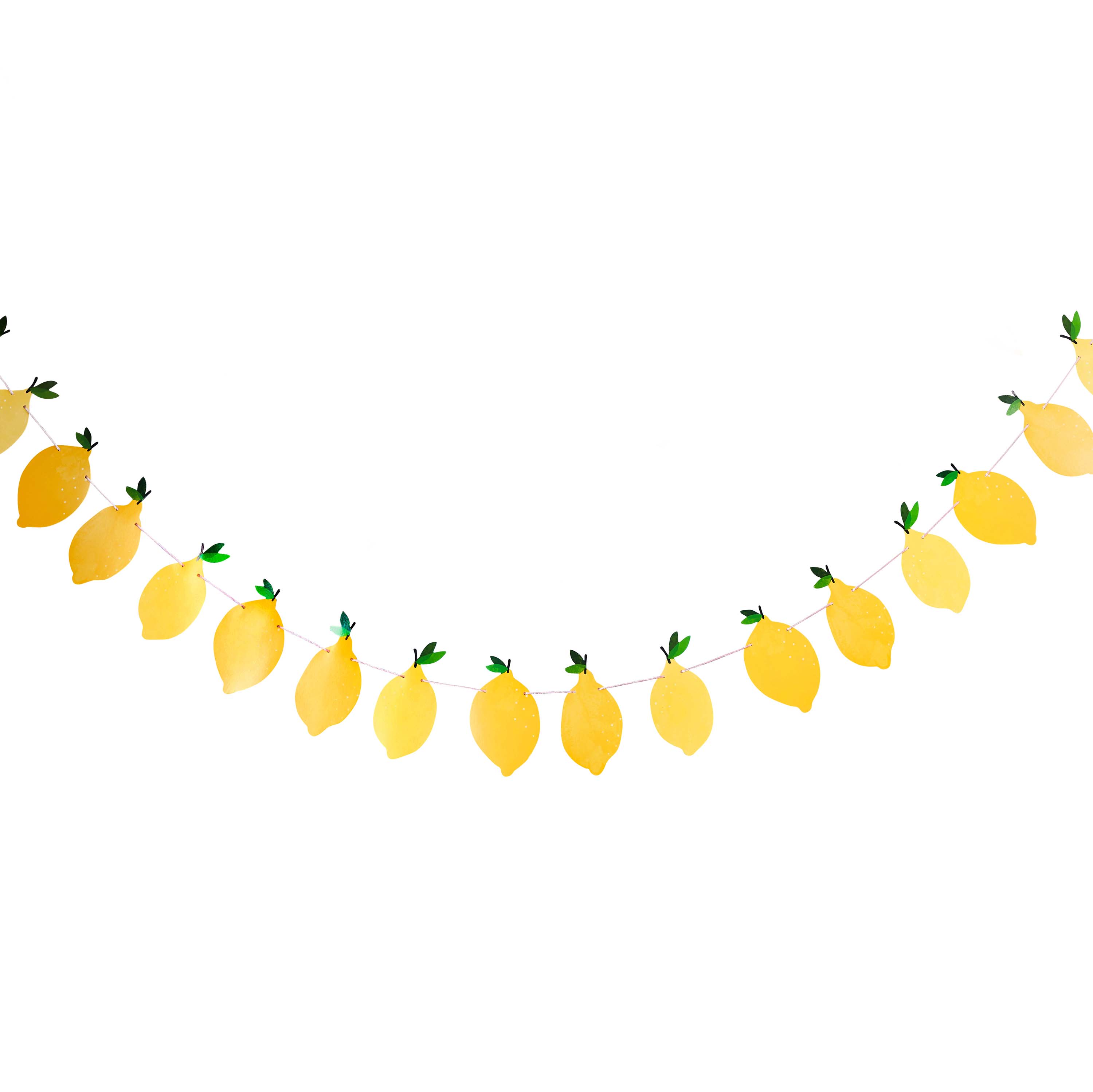 Decorative string banner of yellow lemons with green stems on a white background