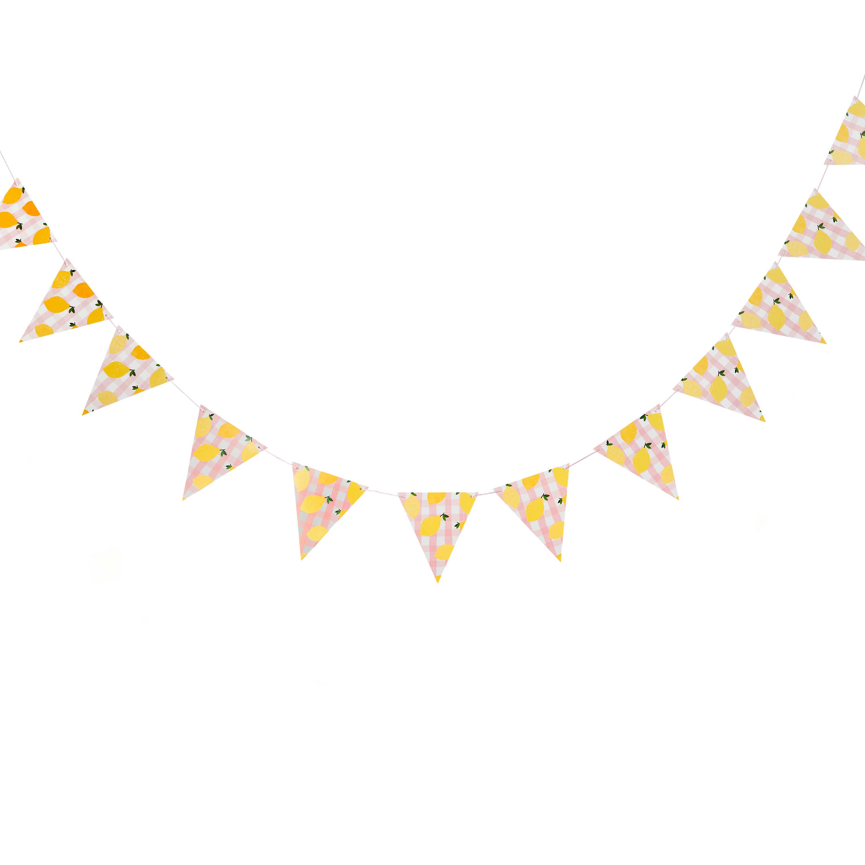 Triangle-shaped banner with yellow and pink pattern on a white background