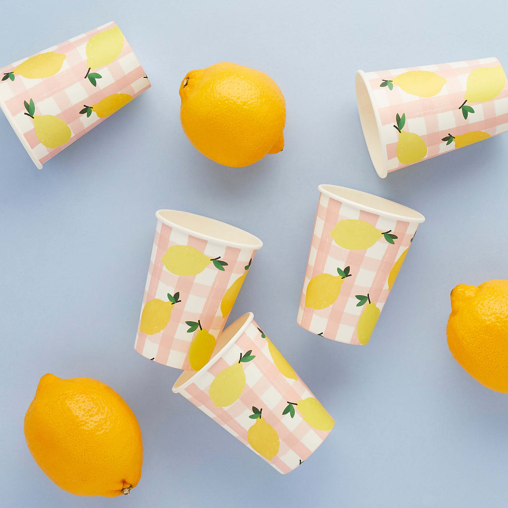Sunny Squeeze Gingham Lemon Paper Cups (1pkt/8pcs) - Party Lane 