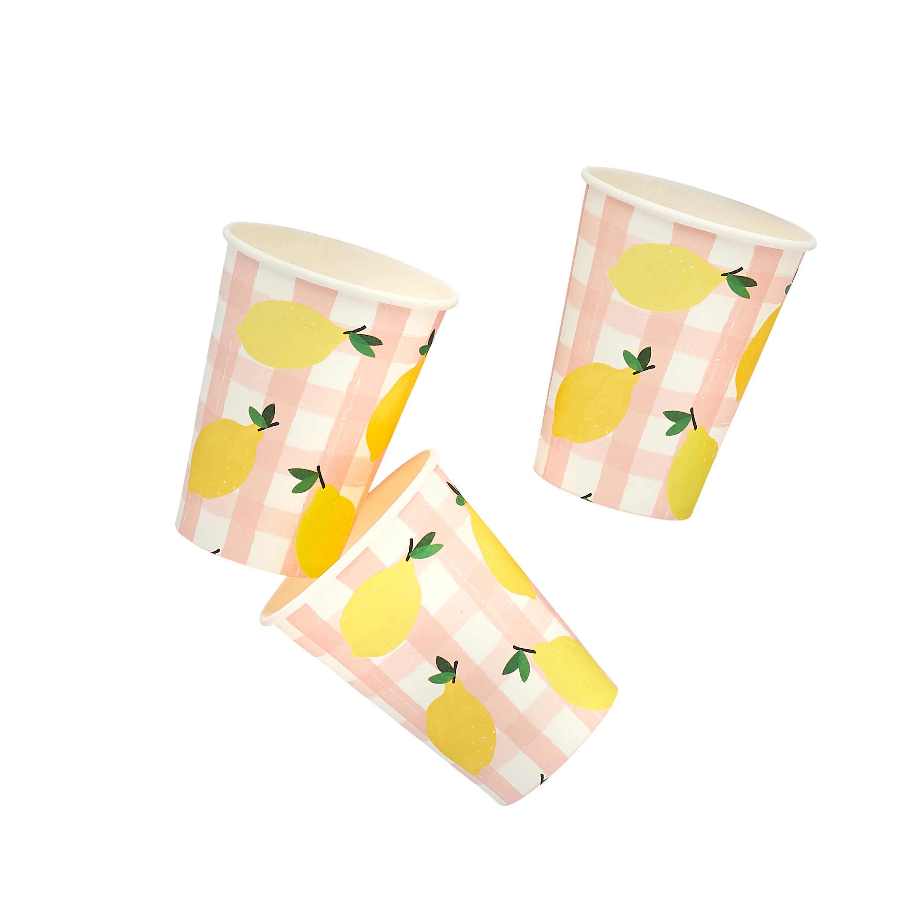 Sunny Squeeze themed lemon gingham paper cups for kids birthday parties