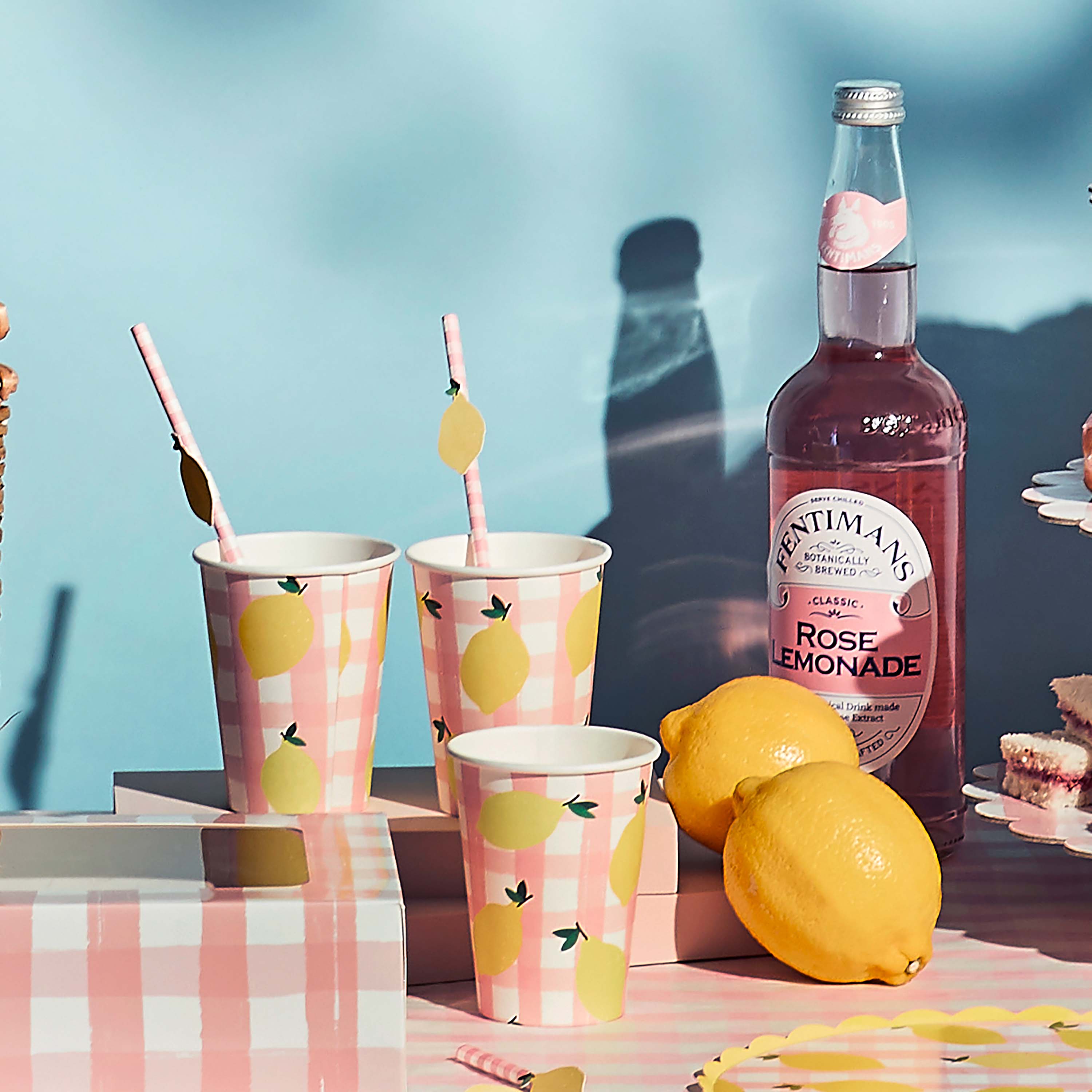 Sunny Squeeze themed lemon gingham paper cups for kids birthday parties featuring Pink Lemonade