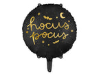 Black balloon with gold 'hocus pocus' text and Halloween decorations on a white background