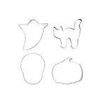 Set of four metal cookie cutters shaped like a ghost, cat, skull, and pumpkin on a white background.