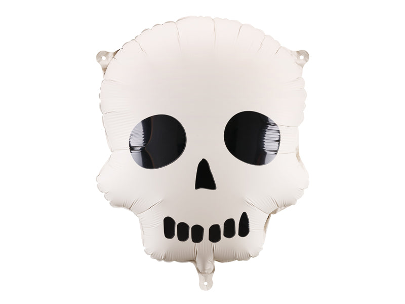 Skull-shaped balloon with black details on a white background