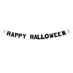 Black felt 'Happy Halloween' banner with ghost decorations on a white background