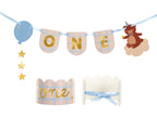 Baby shower banner with teddy bear, balloons, and 'ONE' letters with a matching crown