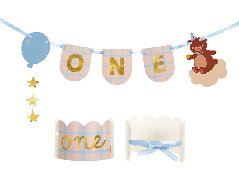 Baby shower banner with teddy bear, balloons, and 'ONE' letters with a matching crown