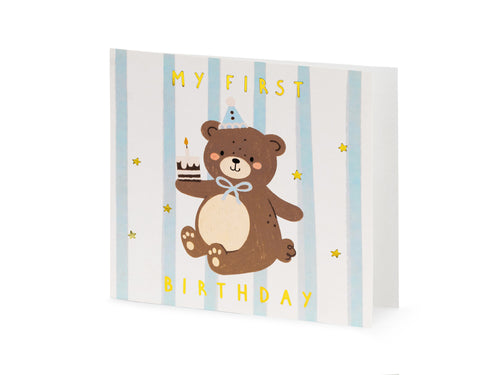 Birthday card with a bear illustration and 'My First Birthday' text on a striped background
