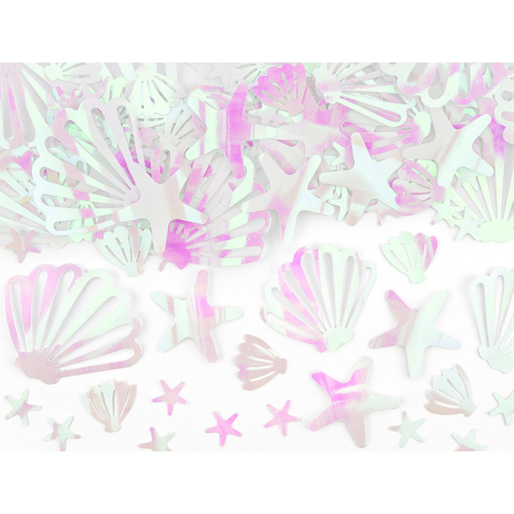 A 23g pack of pastel seashell-shaped confetti, perfect for table decoration or gift wrapping.