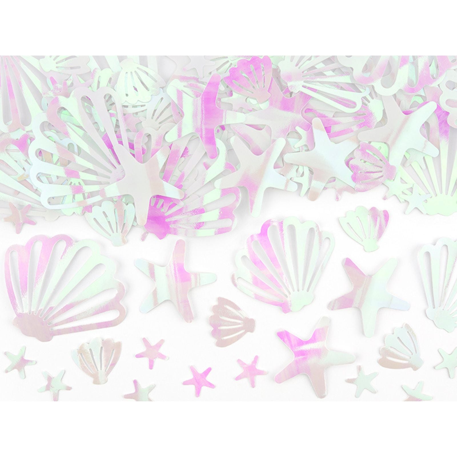 A 23g pack of pastel seashell-shaped confetti, perfect for table decoration or gift wrapping.