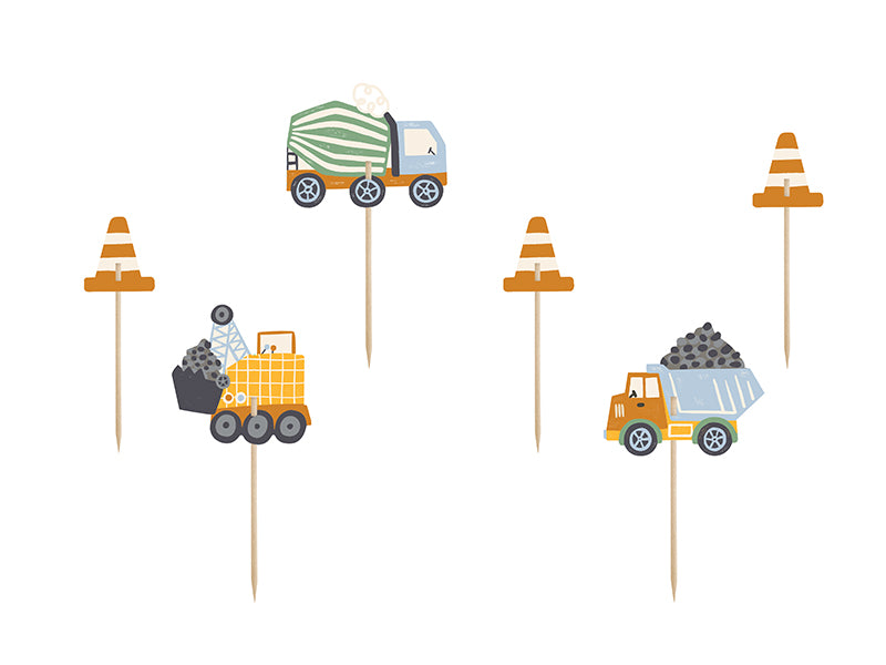 Set of 6 Little Builder cupcake toppers with construction vehicles and tool designs