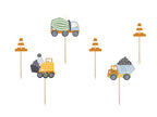 Set of 6 Little Builder cupcake toppers with construction vehicles and tool designs