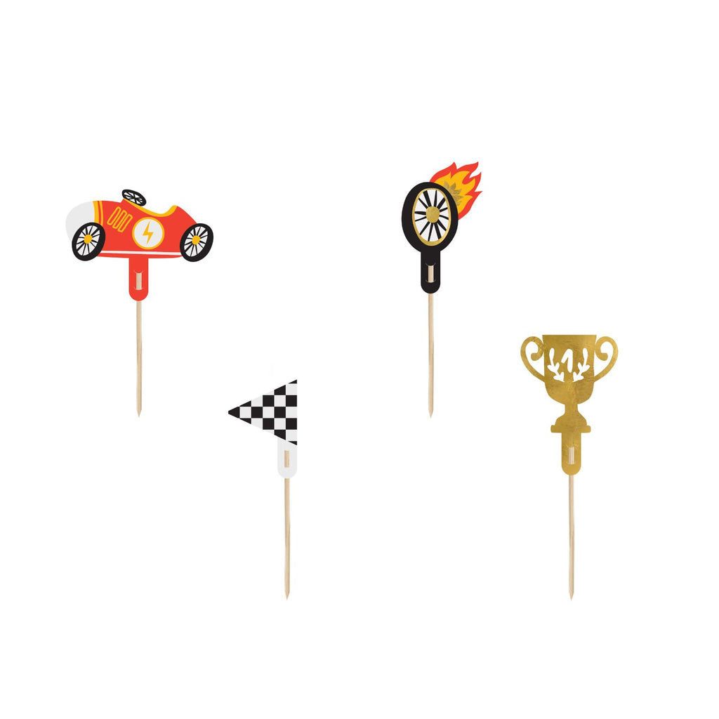 A pack of 4 cupcake toppers with trophy and racecar shapes, perfect for themed desserts.