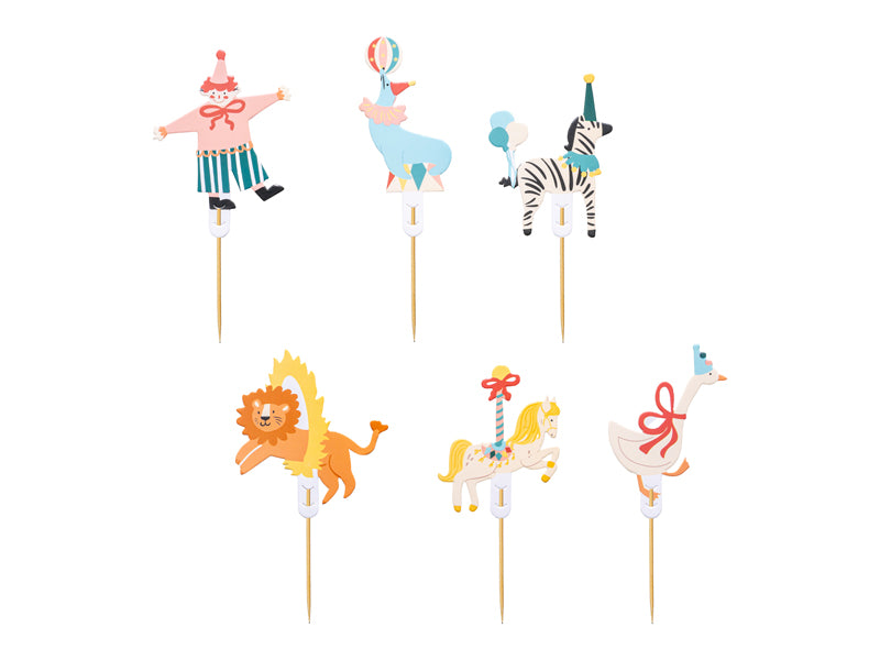 A set of 6 cupcake toppers featuring circus animals and performers, perfect for decorating cakes and cupcakes at a carnival party.