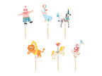 A set of 6 cupcake toppers featuring circus animals and performers, perfect for decorating cakes and cupcakes at a carnival party.