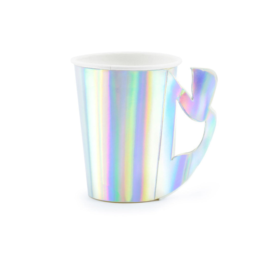 A set of 6 paper cups in an irridescent shimmering colour with mermaid tail style handle